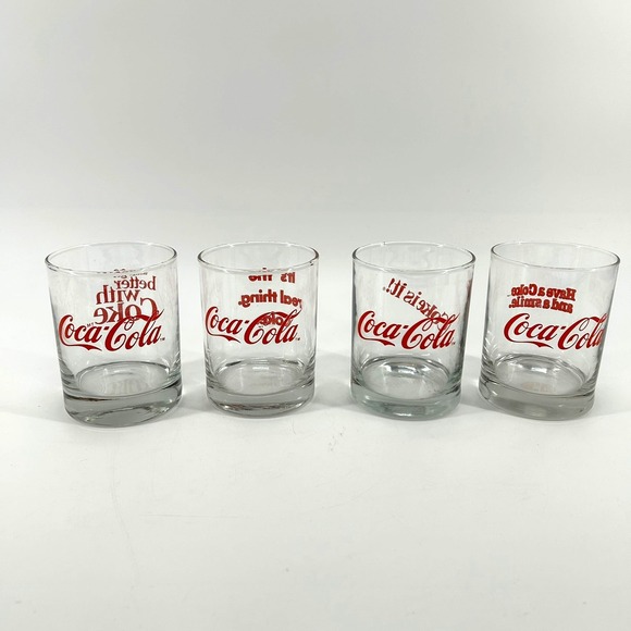 Vtg '84 Coca Cola Slogan Drinking Glasses Set of 4 Jack & Coke Soda Whiskey Wine - Picture 1 of 7
